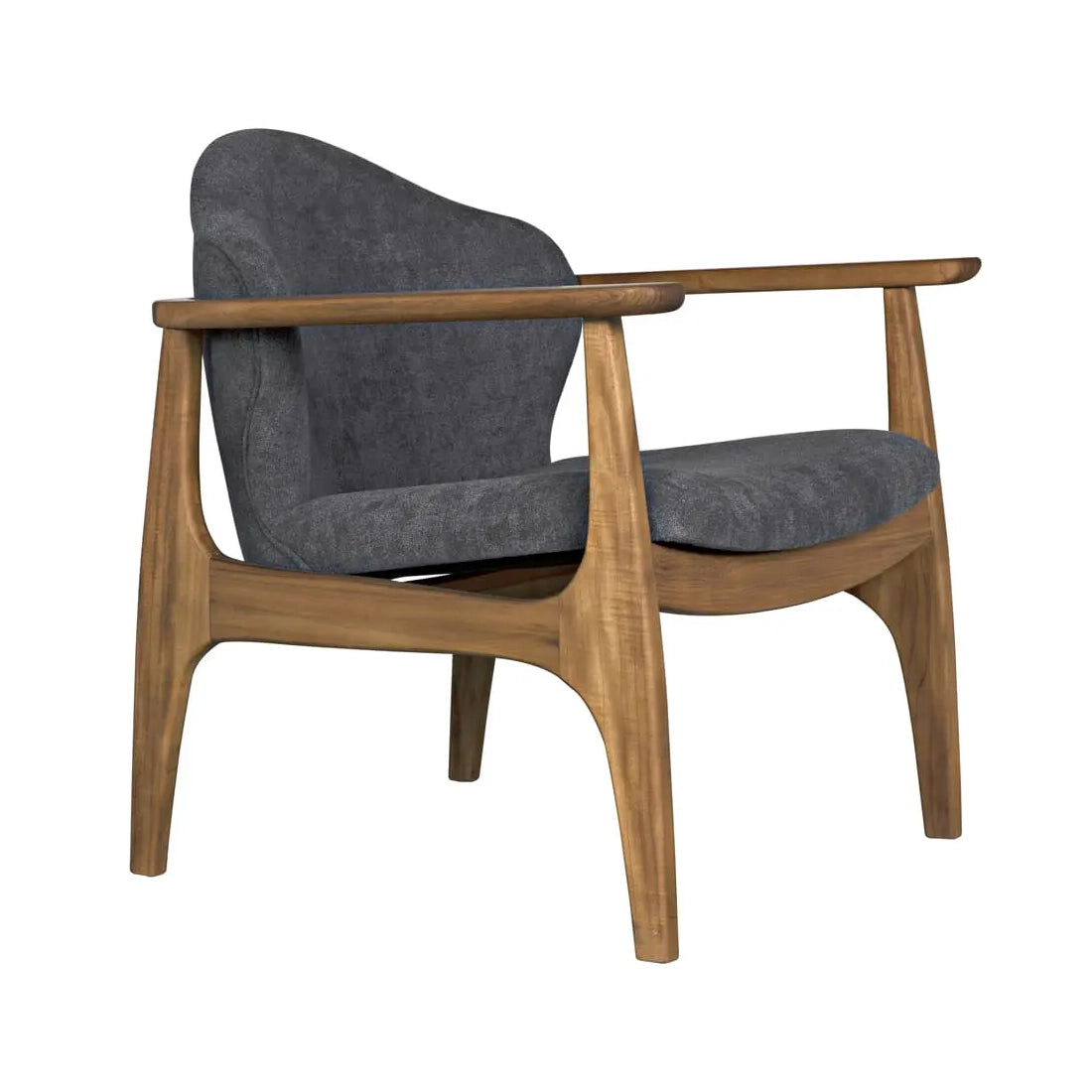 Chair with wooden frame and gray cushion on a white background