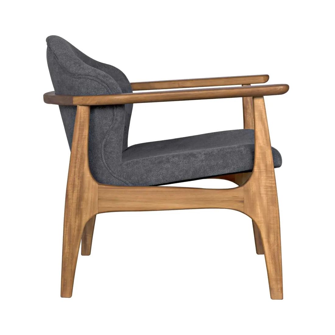 Chair with wooden frame and gray cushion on a white background