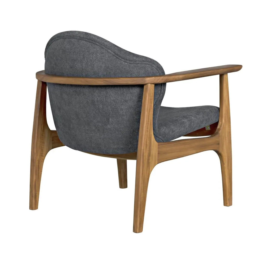 Gray upholstered chair with wooden frame on a white background