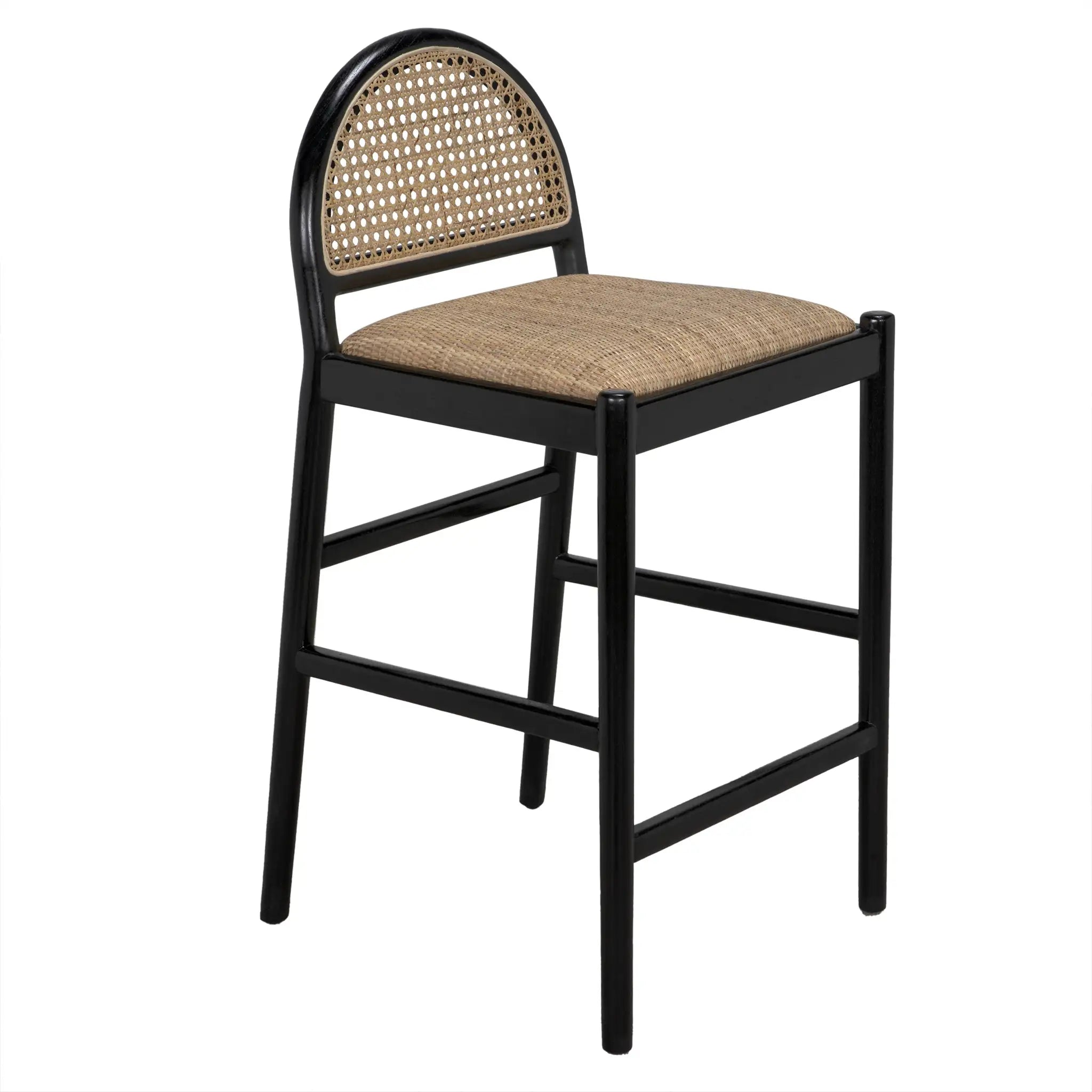 A black counter stool with a caned half-moon back and a closed weave rattan seat.