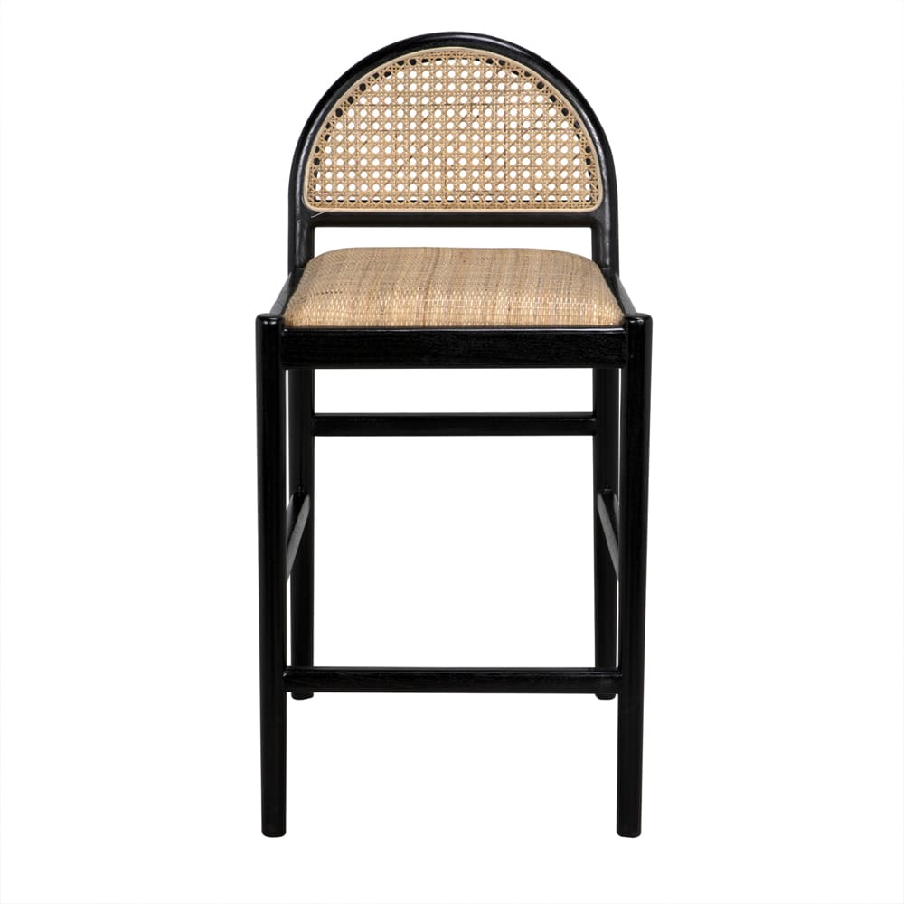 Wood counter stool with woven seat and curved backrest inspired by Modernism