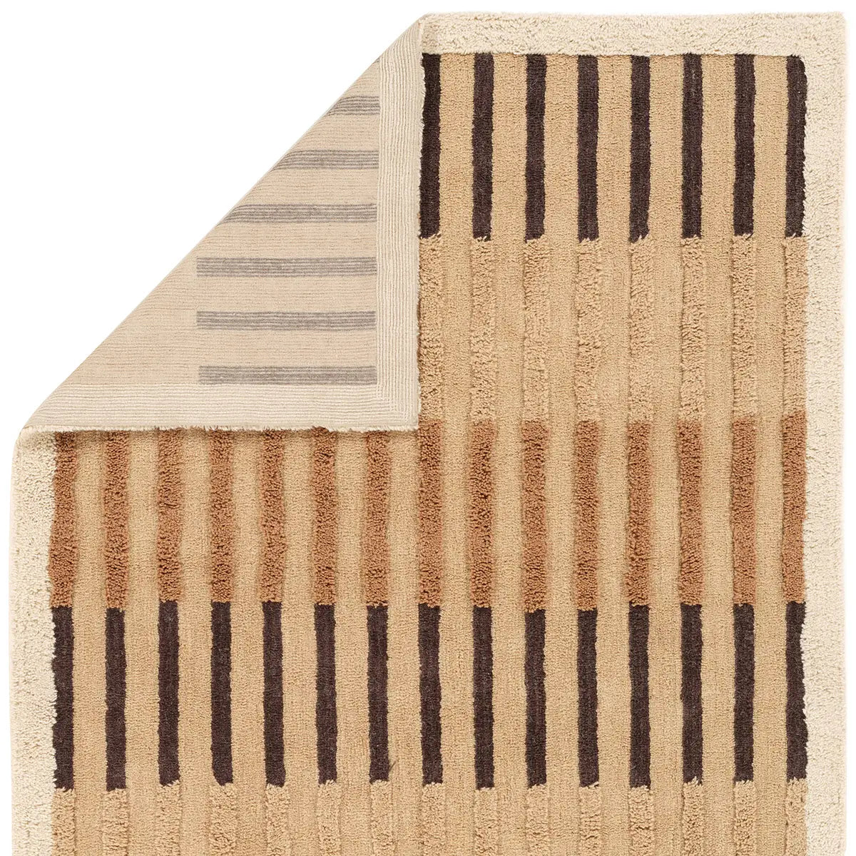 Beige and brown striped rug with a corner showing back