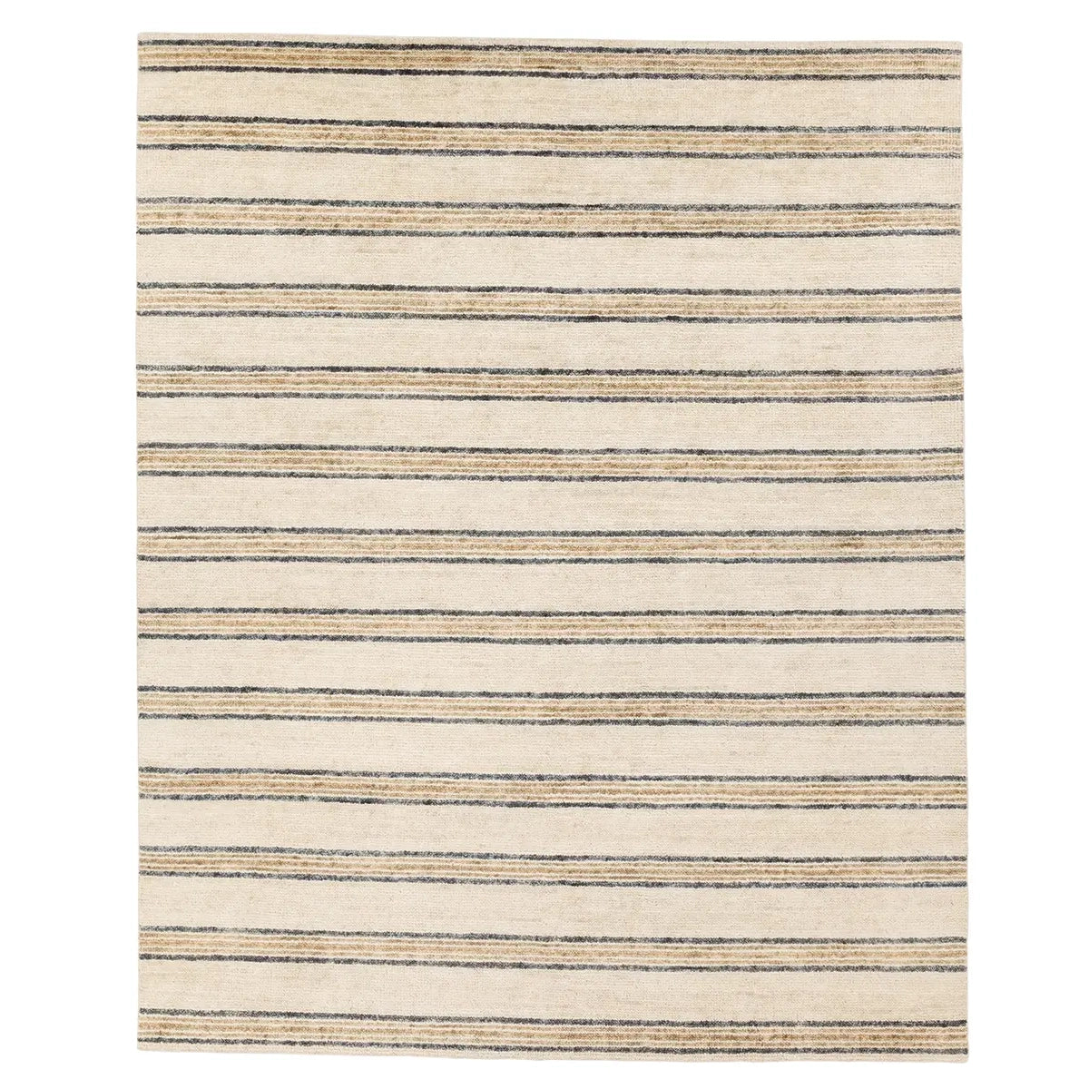 A rectangular area rug with a horizontal striped pattern in beige, cream, and dark charcoal gray, shown flat against a white background.