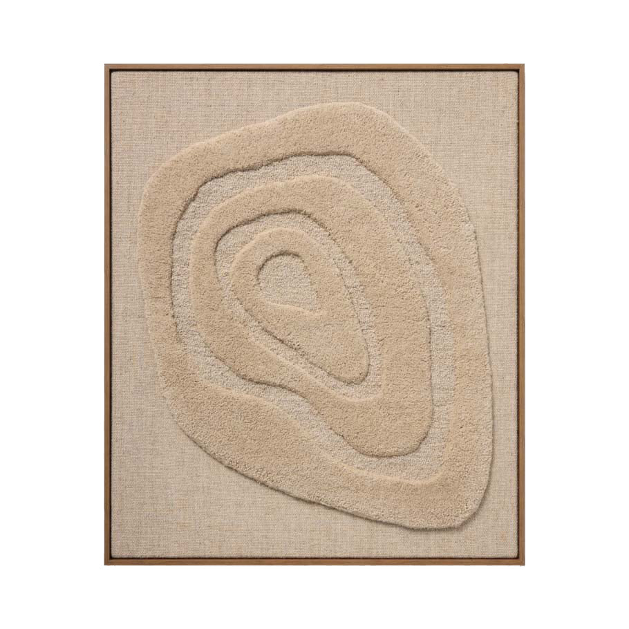 A square framed abstract wall art piece featuring layered organic contour shapes in warm beige and tan tones on a textured linen-like background, set against a plain white backdrop.