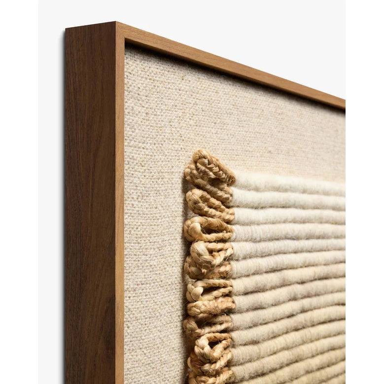 Textured wall art with wooden frame and natural fiber design