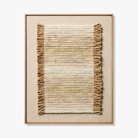 Framed woven textile with natural colors on a white background