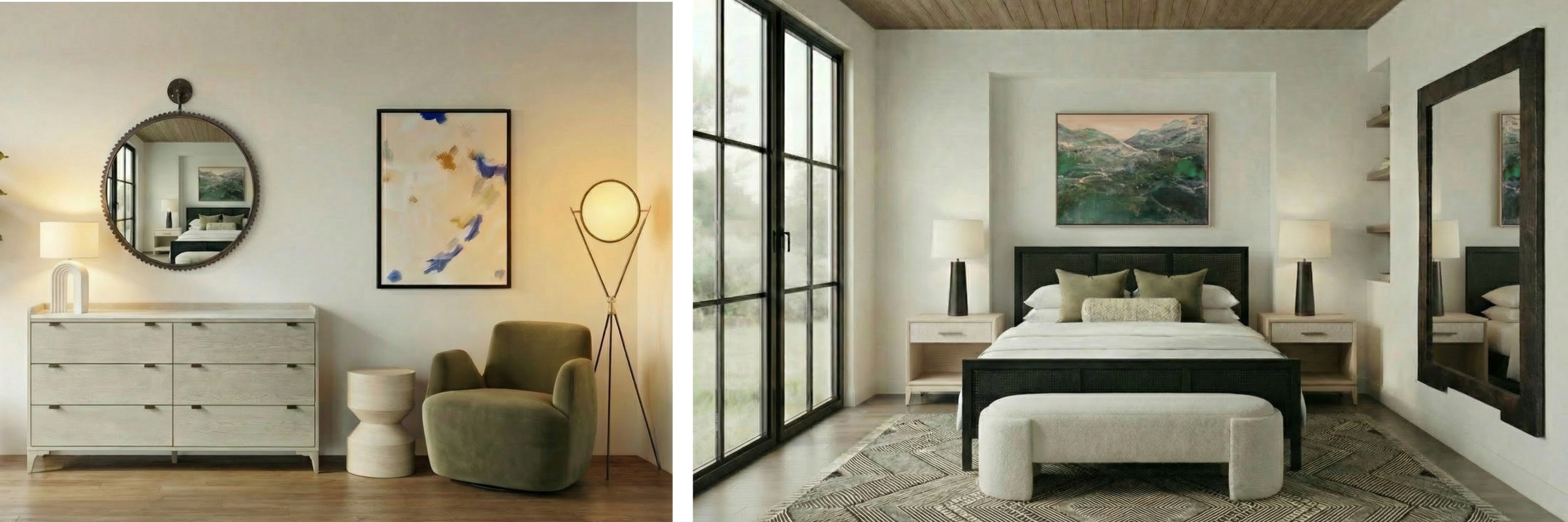 Two bedroom interior designs with furniture and decor.