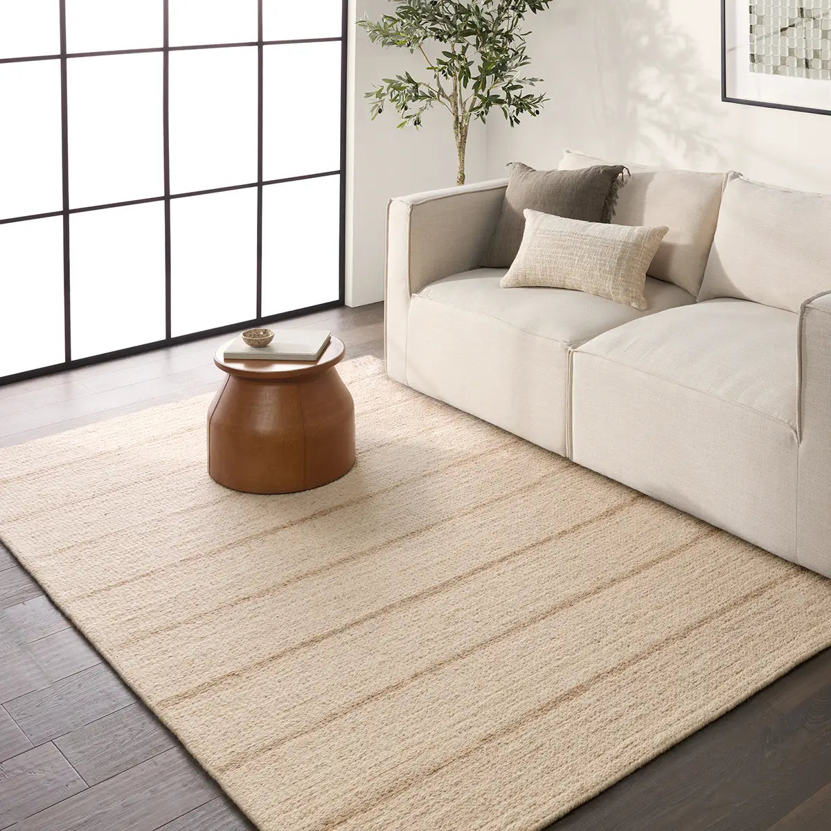 Beige rug in a living room with a beige sofa and a small brown table.