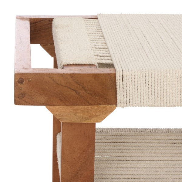 Wooden bench with a white cushion on a white background