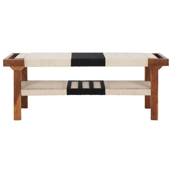 Wooden bench with woven top and shelf on a white background