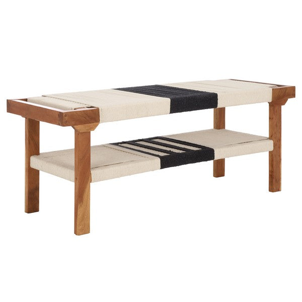 Wooden bench with striped cushion on a white background