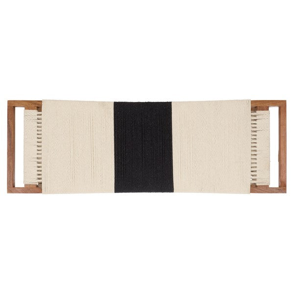 Woven mat with black center and beige sides on a white background