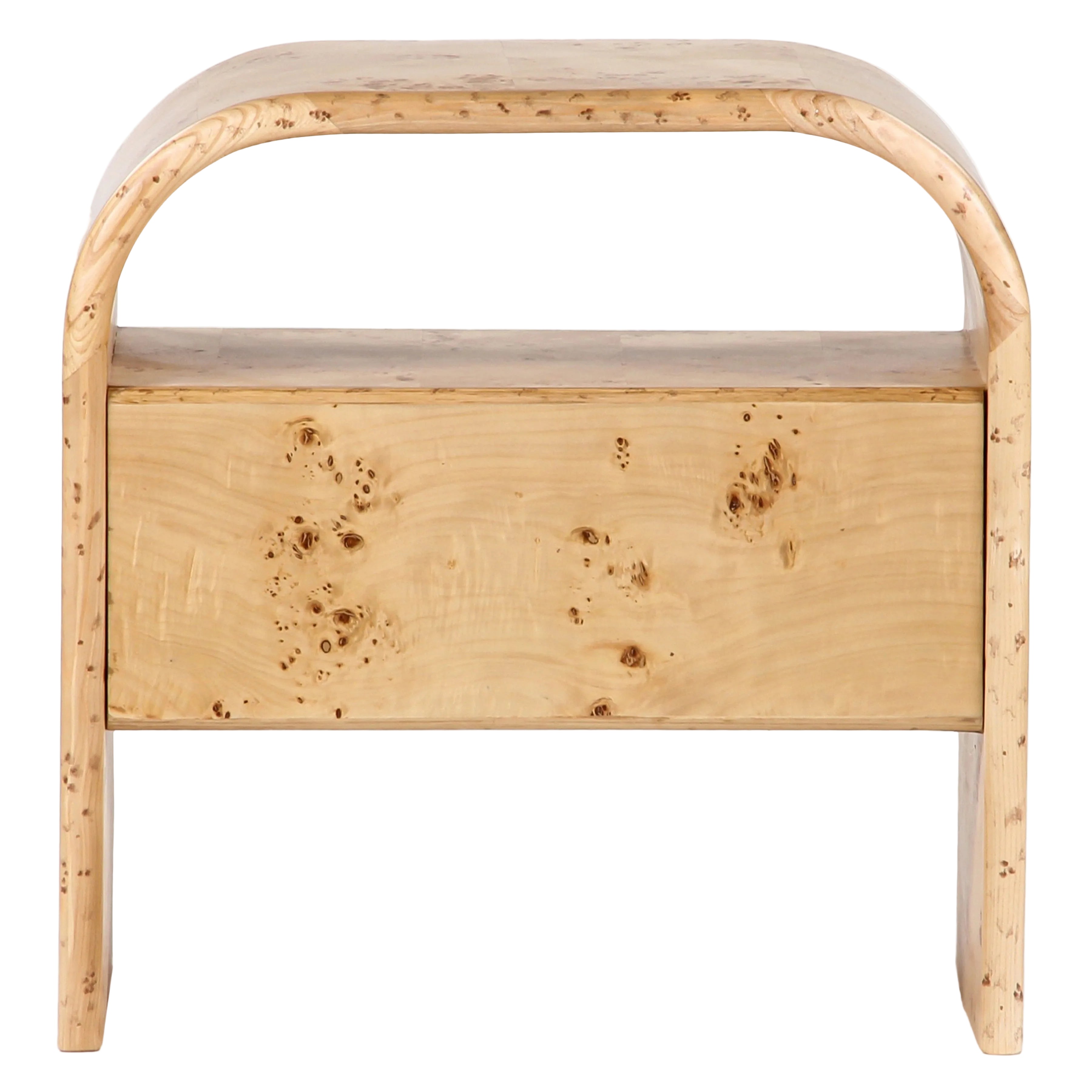 A light natural wood bench with a curved top and a single drawer front, shown against a plain white background.