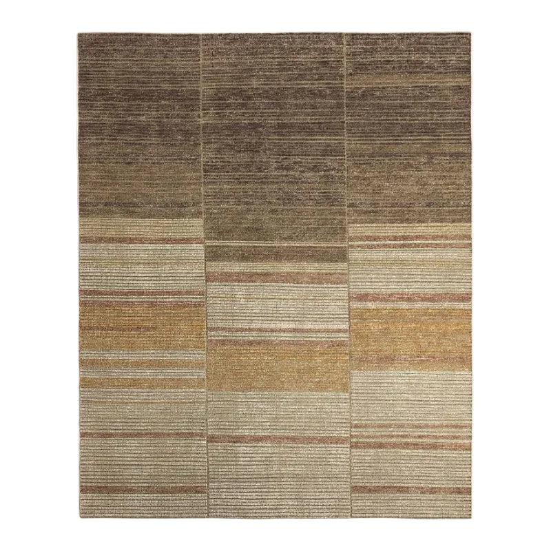 A rectangular area rug with a textured, woven patchwork design featuring horizontal stripes in shades of brown, beige, and tan.