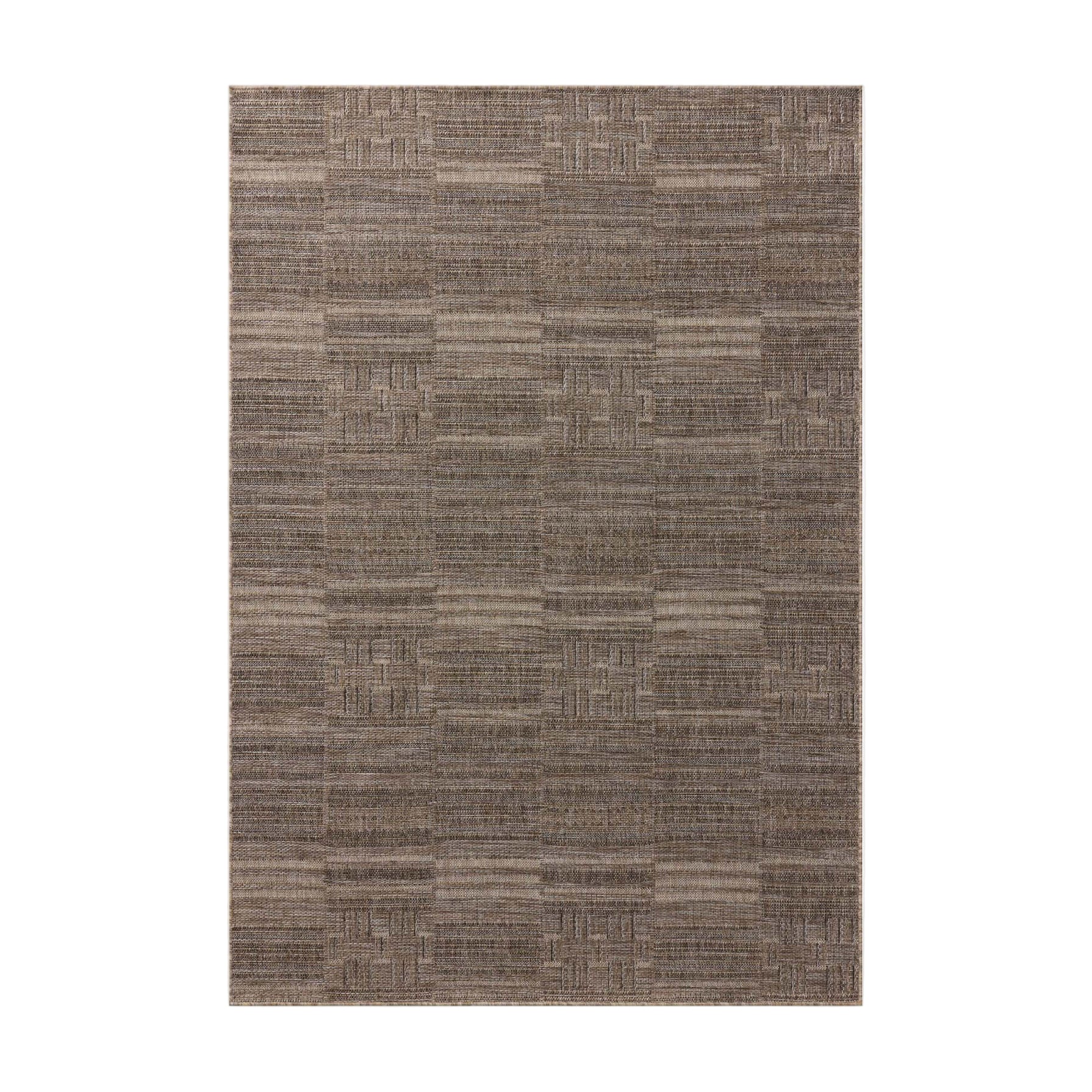 Rectangular brown rug with a textured pattern on a white background
