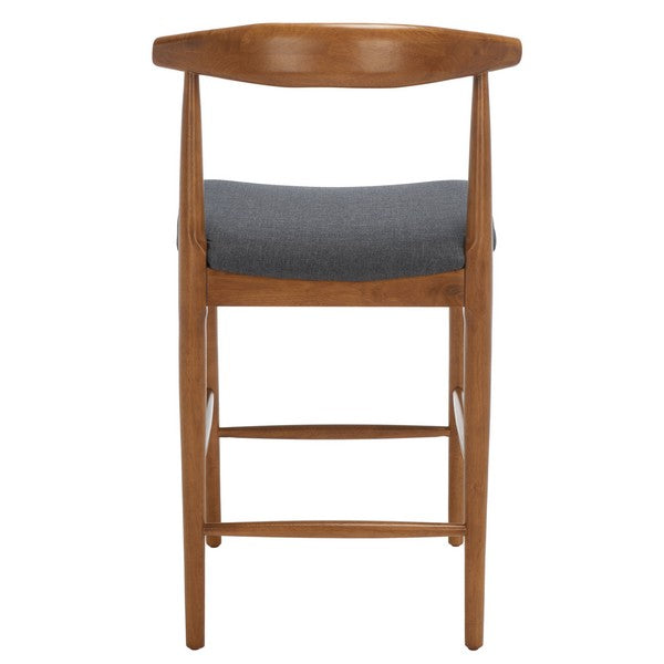 Wooden bar stool with a gray cushion on a white background