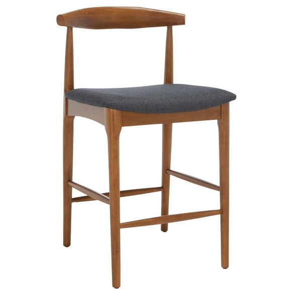 Wooden bar stool with a gray cushion on a white background