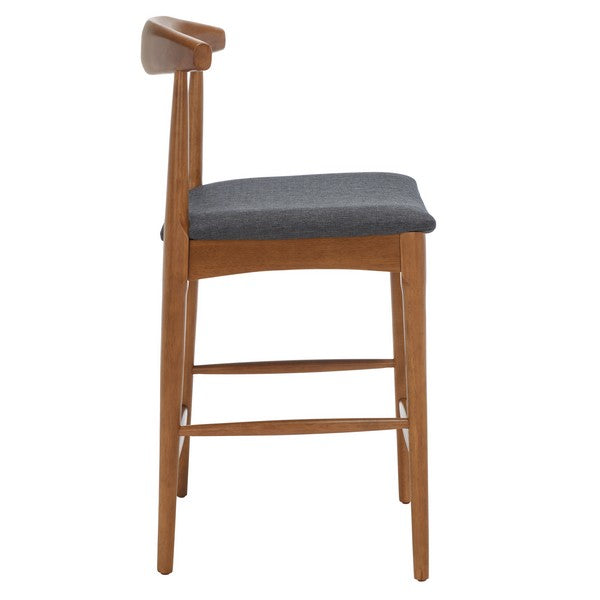 Wooden bar stool with a gray cushion on a white background