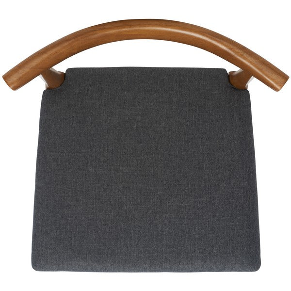 Chair with gray cushion and wooden armrests on a white background
