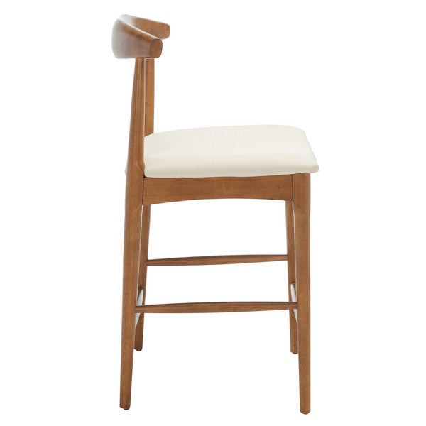 Wooden bar stool with a white cushion on a white background