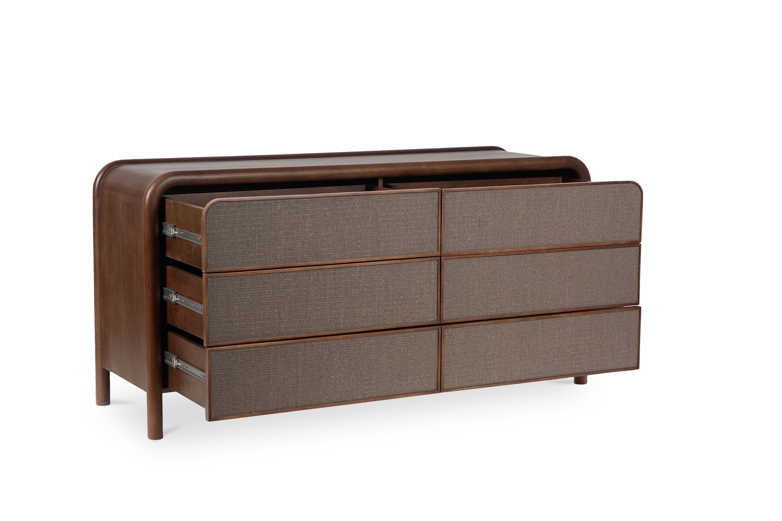 A warm brown dresser with six drawers, featuring a solid pattern