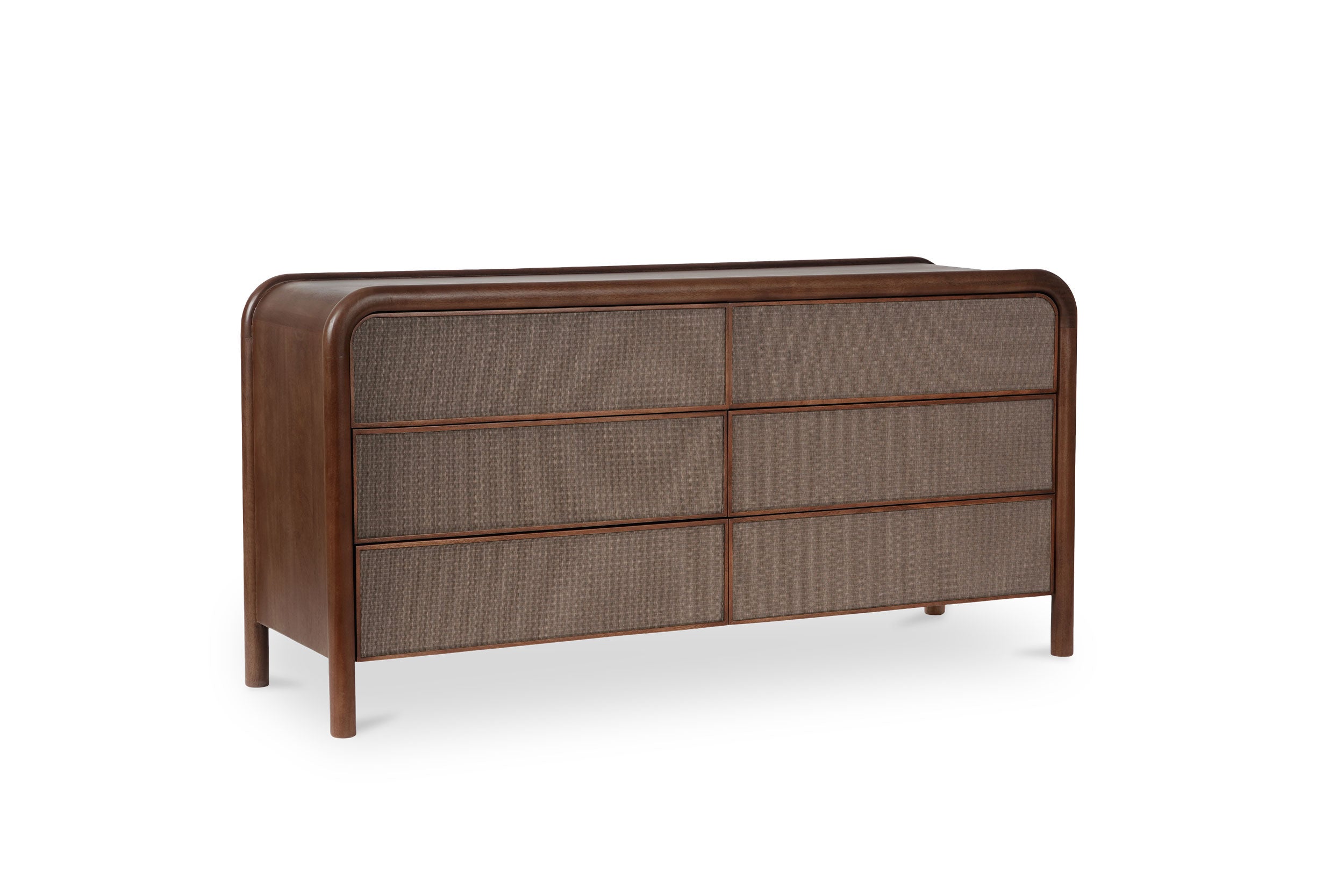 A warm brown dresser with six drawers, featuring a solid pattern