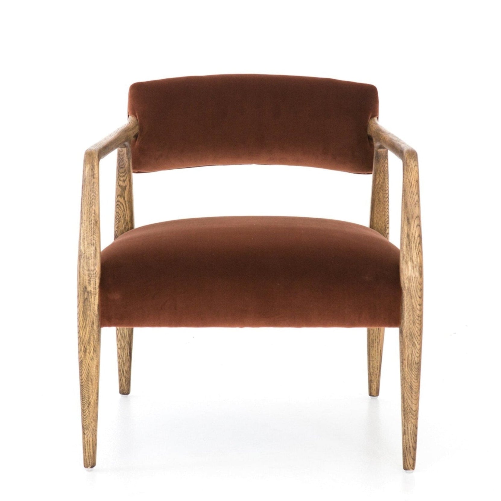 Brown upholstered chair with wooden armrests on a white background