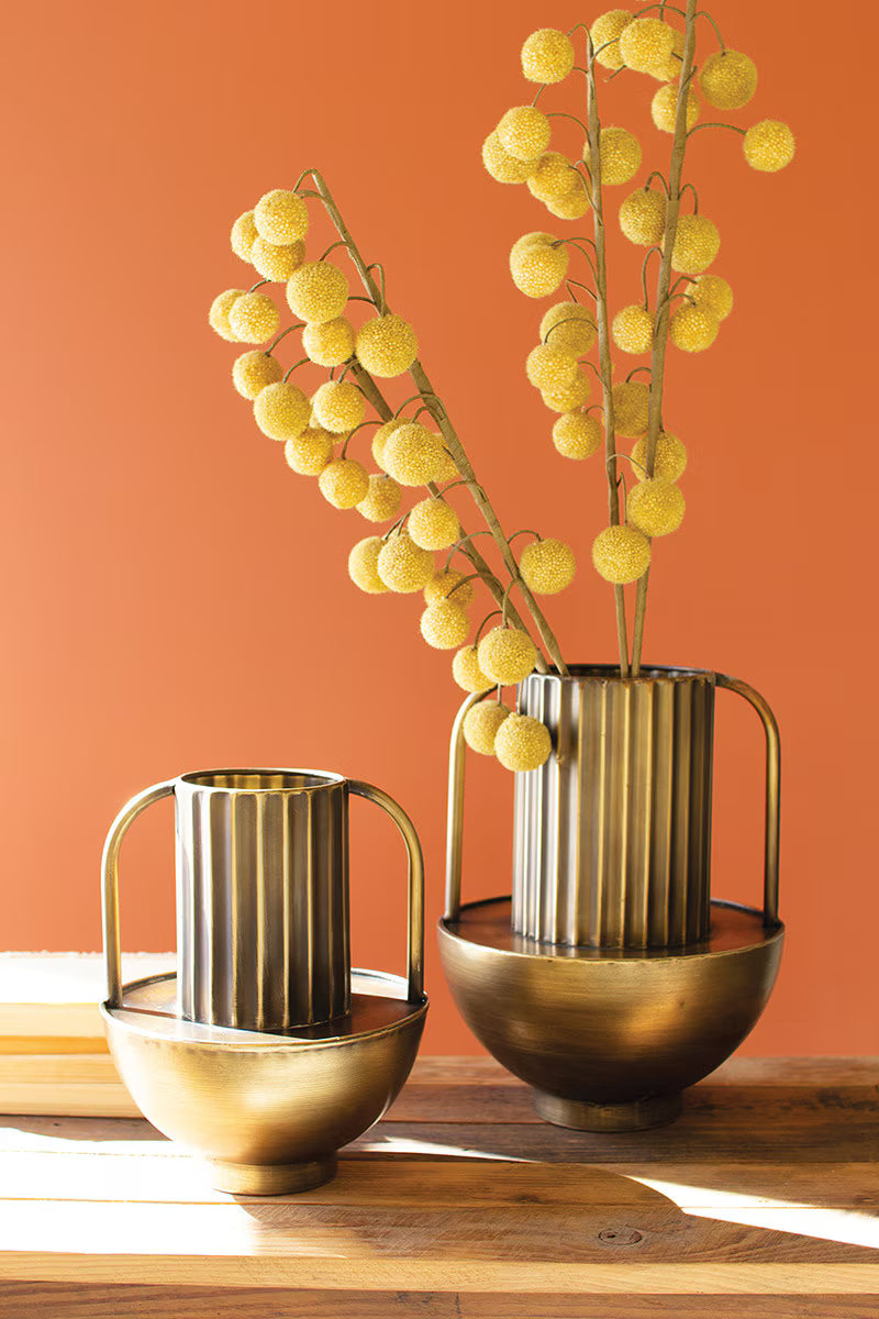 Set of 2 Metal Antique Brass Finish Vases with Handles