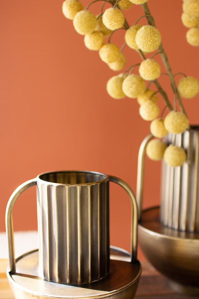 Set of 2 Metal Antique Brass Finish Vases with Handles