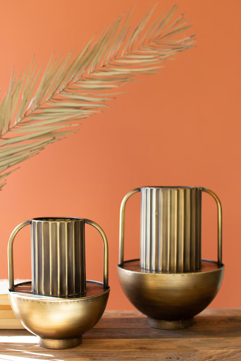 Set of 2 Metal Antique Brass Finish Vases with Handles