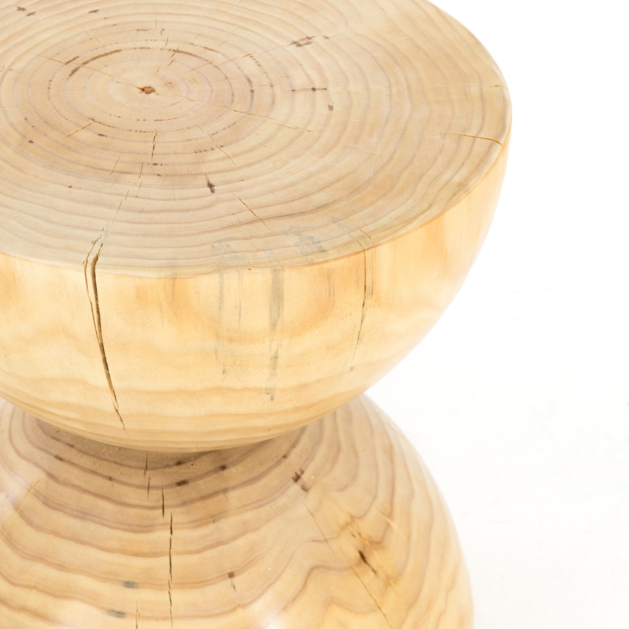 Wooden end table with a circular top and cylindrical base on a white background