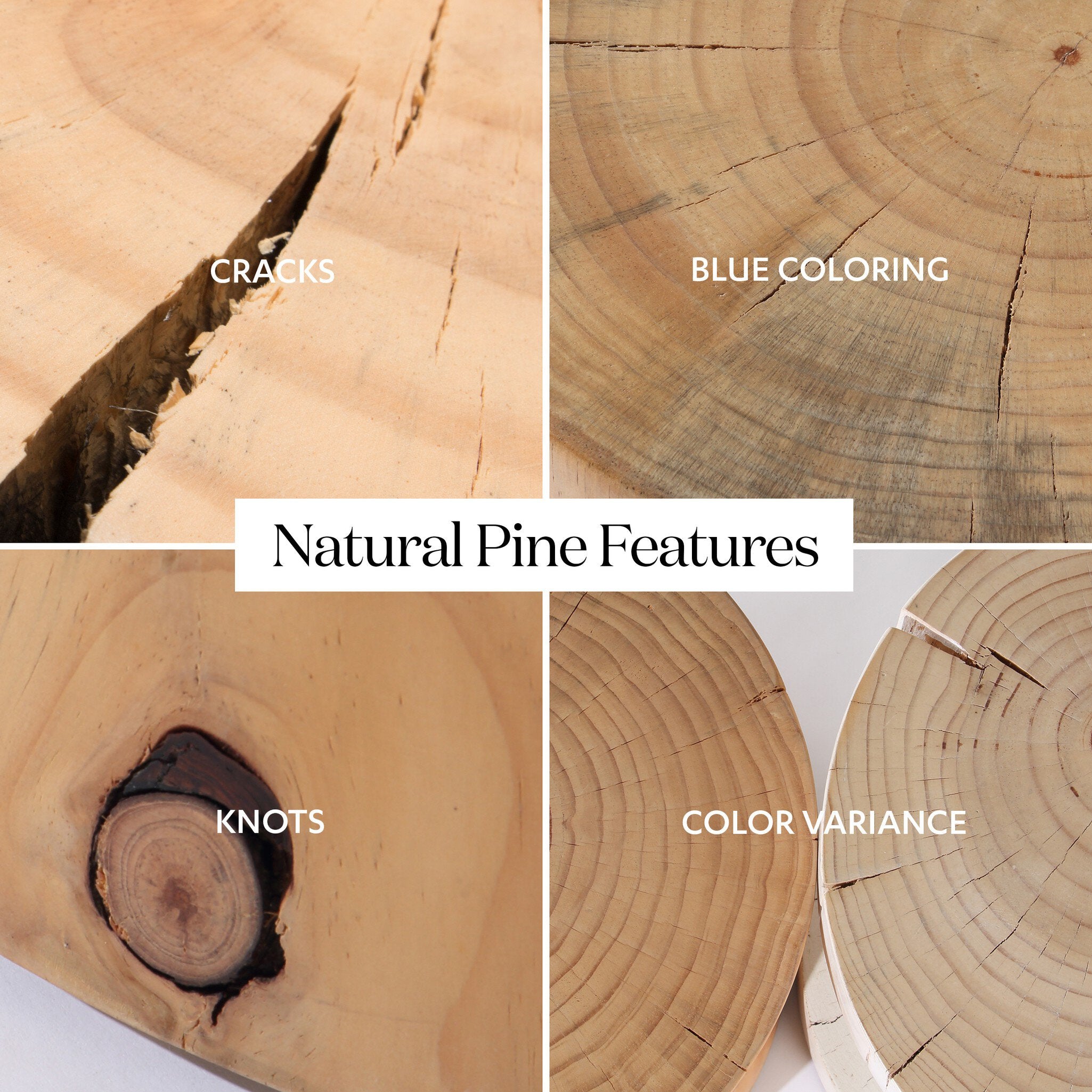 Collage of natural pine features including cracks, blue coloring, knots, and color variance.