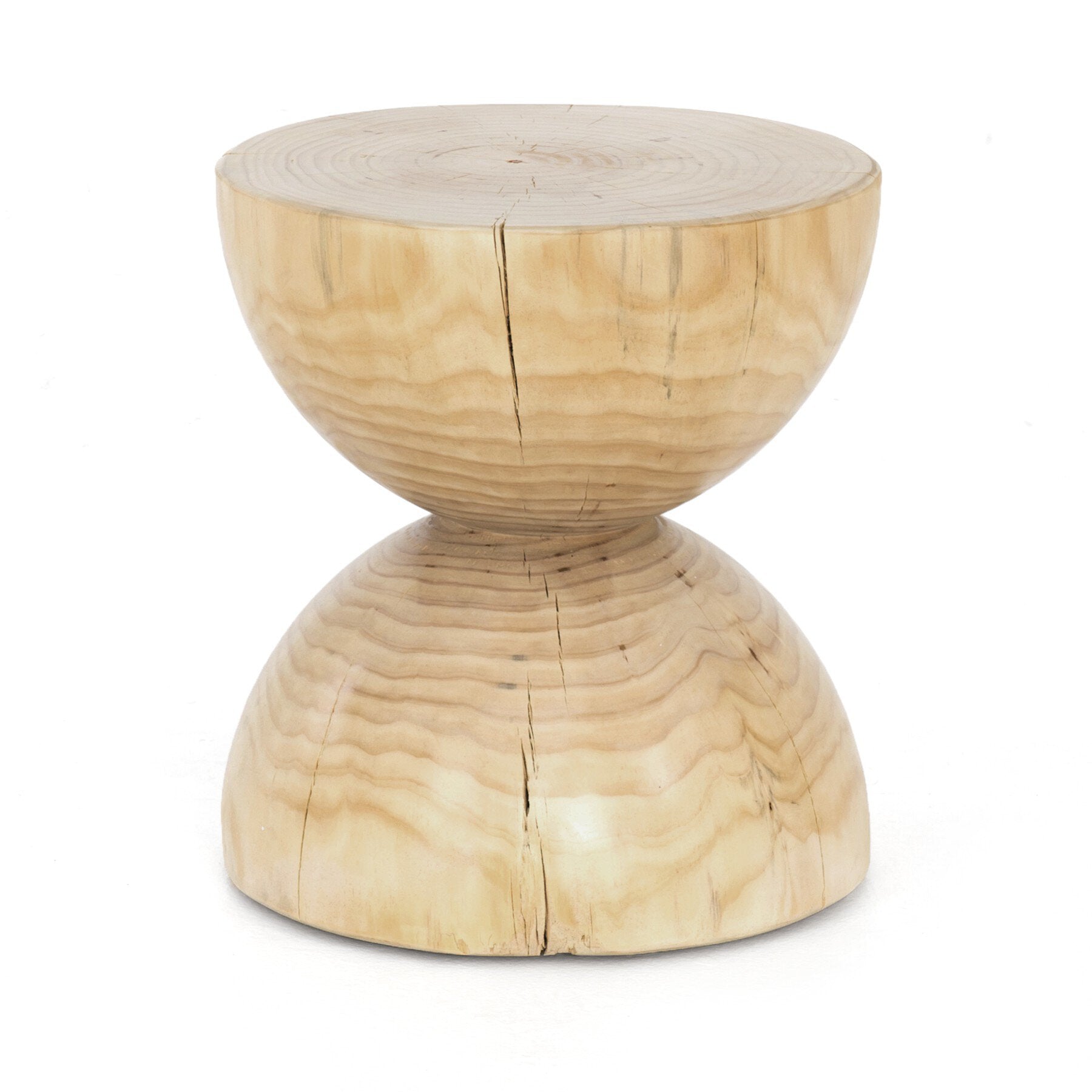 Wooden side table with a unique design on a white background