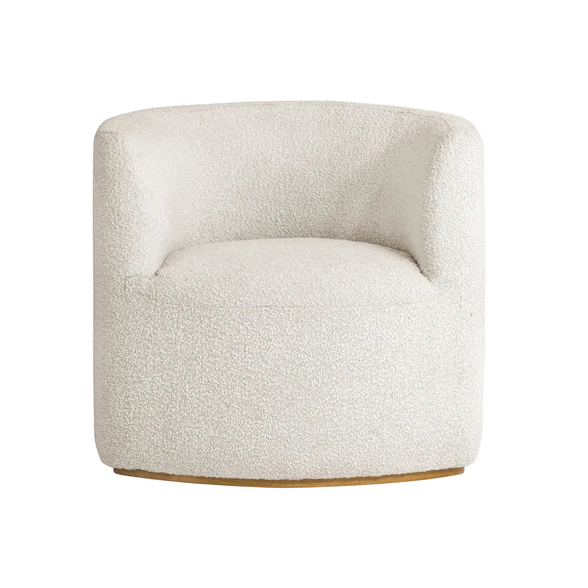 A modern barrel-style armchair upholstered in textured bouclé fabric, shown from the front against a solid white background.