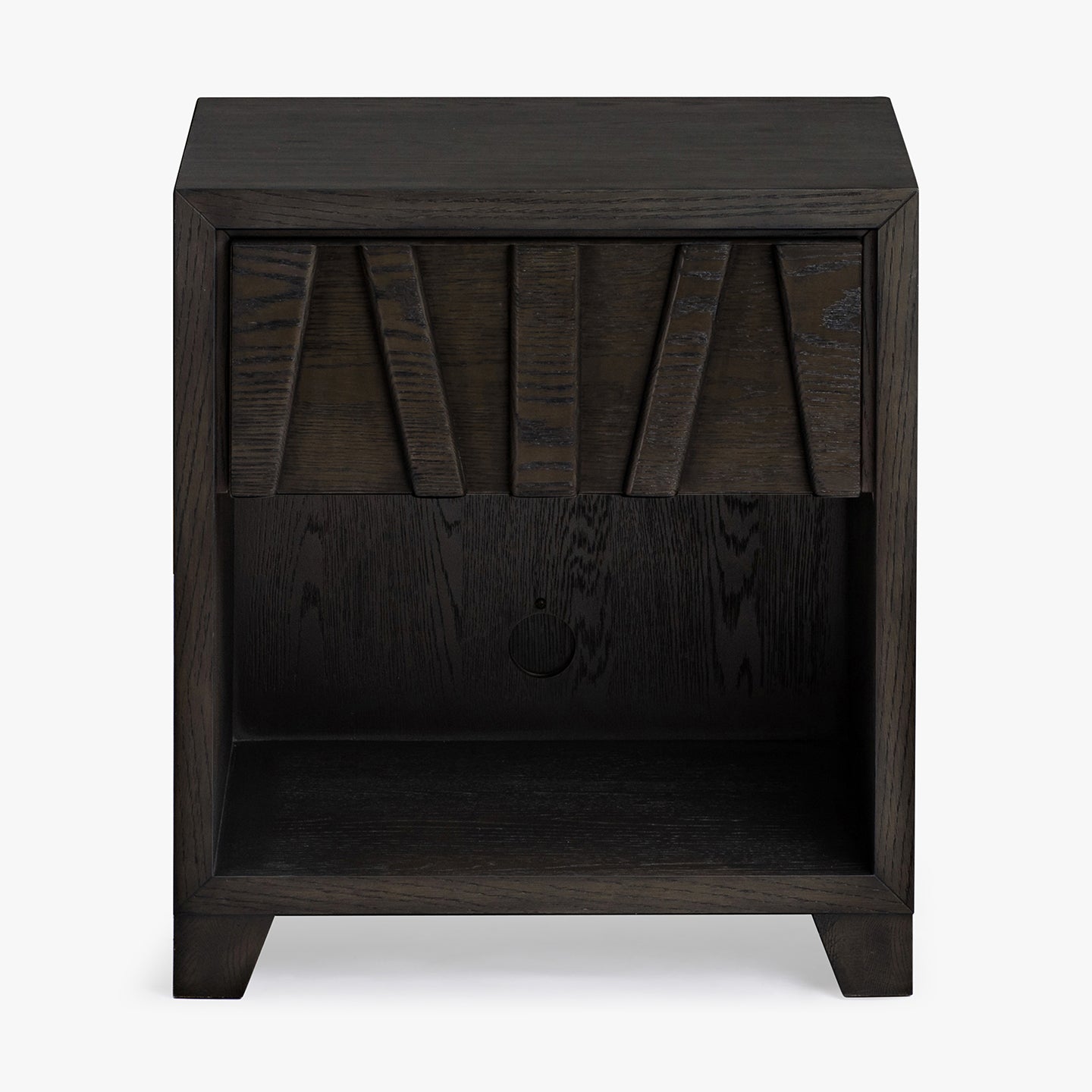 Dark wooden nightstand with a single drawer on a white background
