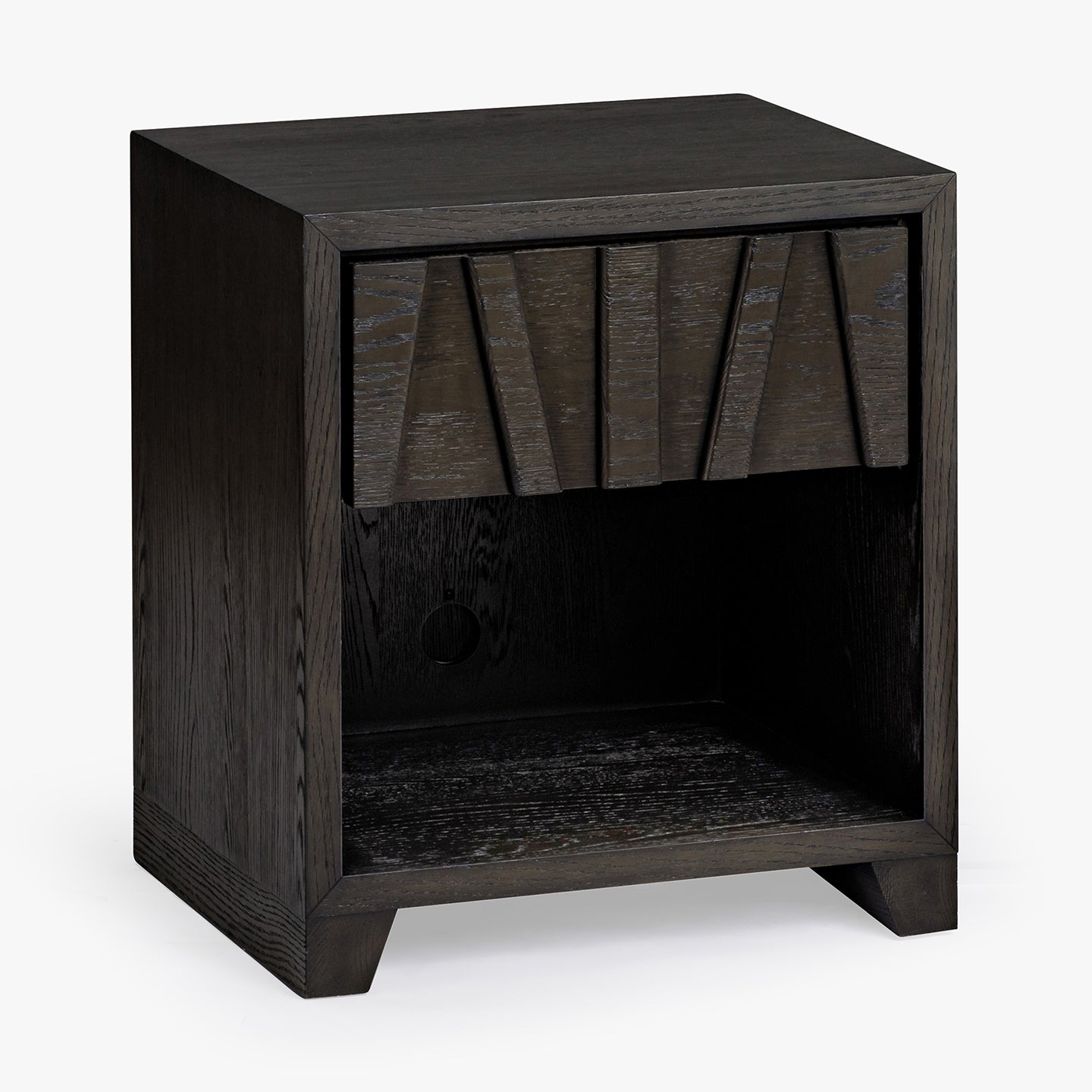 Dark wooden side table with a geometric design on a white background