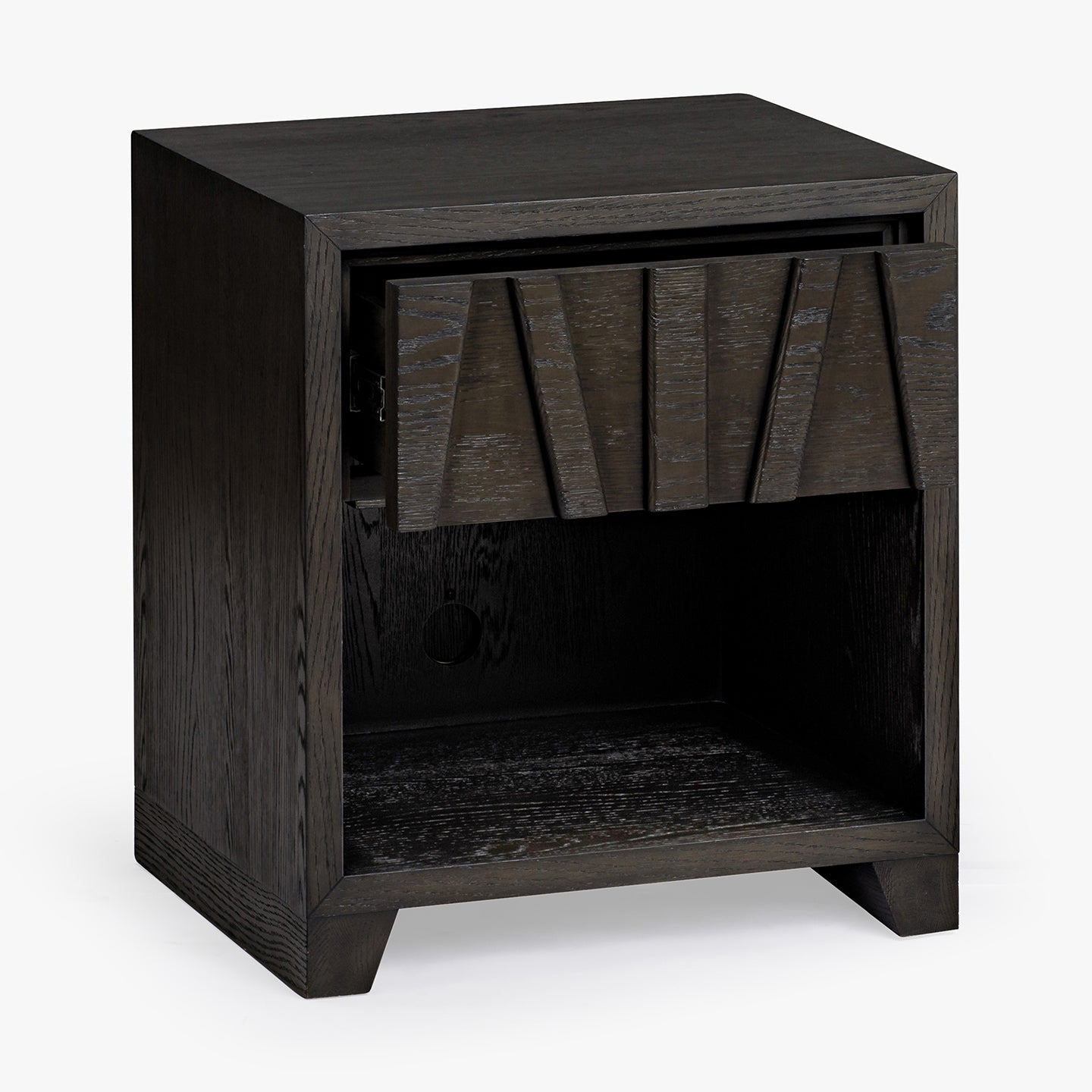 Dark wooden side table with a bookshelf on a white background