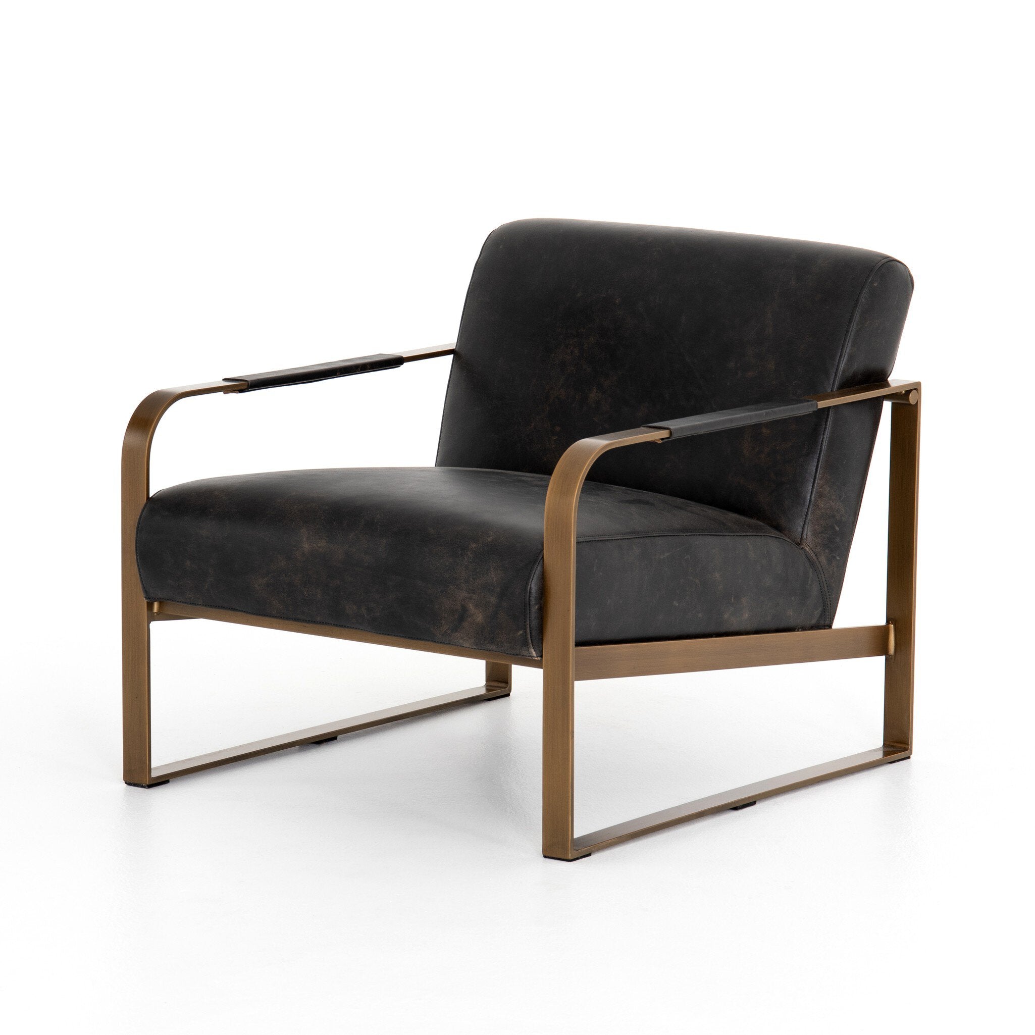 Black leather armchair with bronze frame on a white background