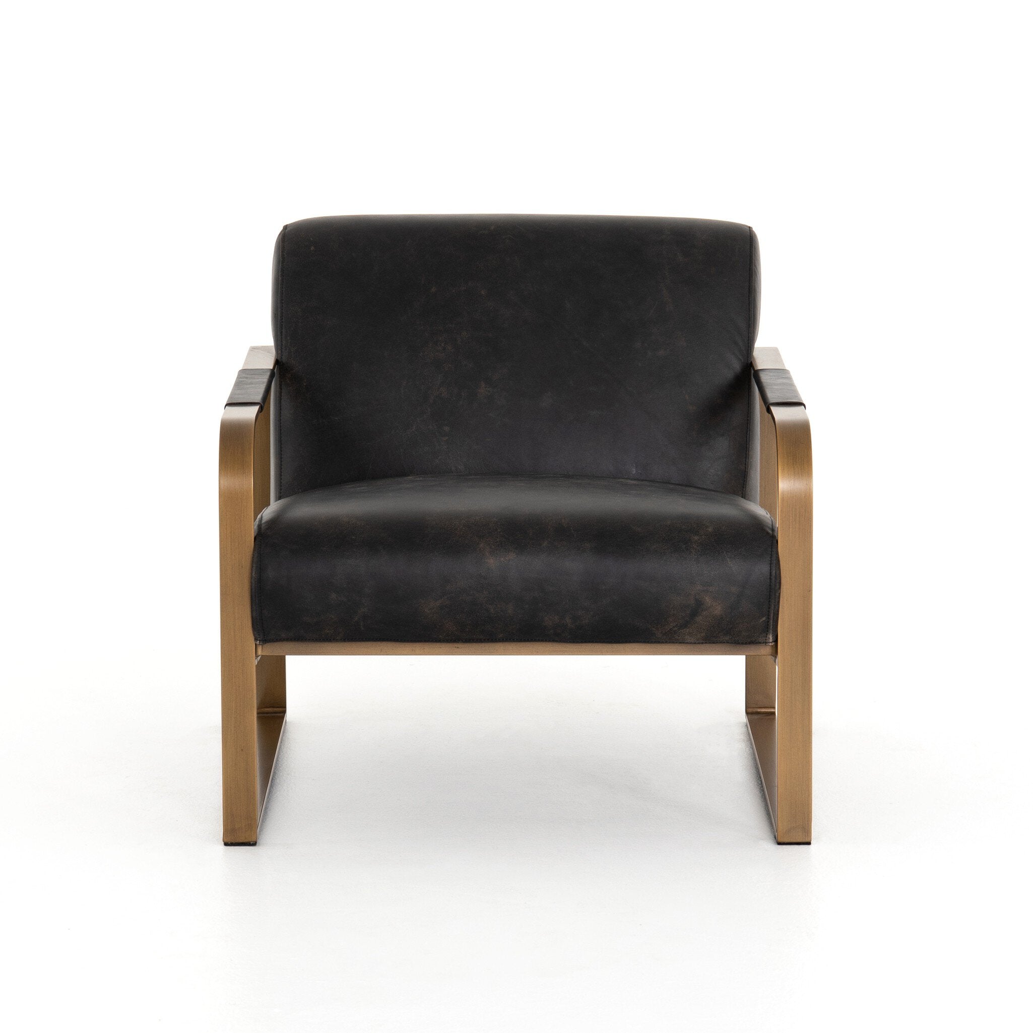 Black leather armchair with wooden frame on a white background
