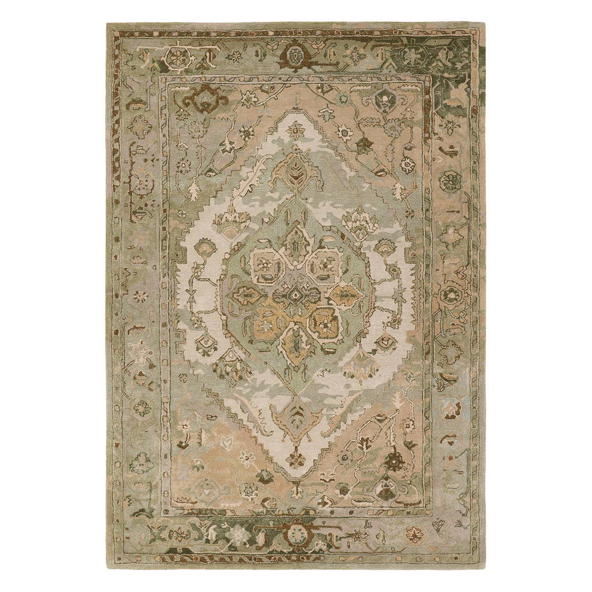 A rectangular vintage-style area rug with an intricate central medallion and floral border pattern in muted sage green, beige, and cream tones, shown flat against a white background.