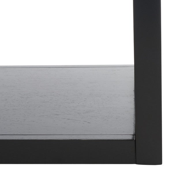 Close-up of a black rectangular shelf on a white background
