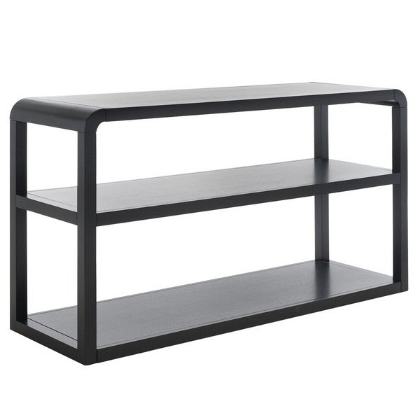 Black wood console table with two shelves on a white background