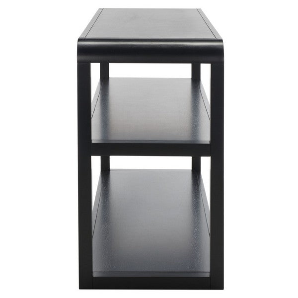 Black side table with two shelves on a white background