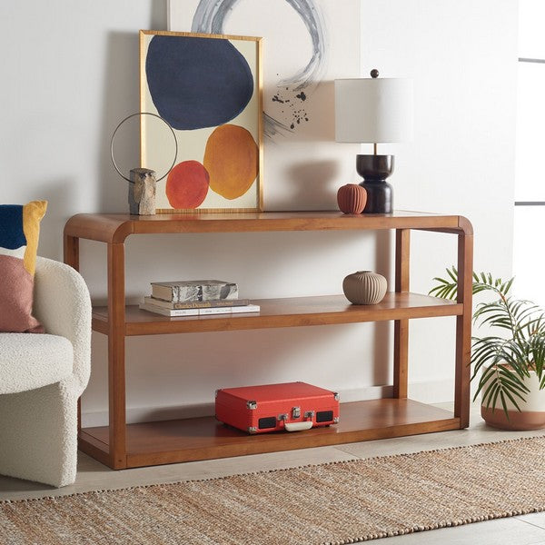 Wooden console table in a living room with decorative items