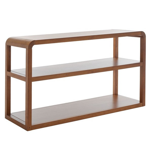 Wooden console table with glass shelves on a white background