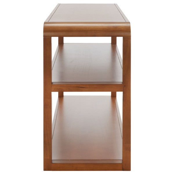 Wooden side table with glass shelves on a white background