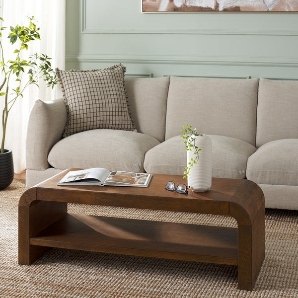 Beige sofa with a wooden coffee table in a living room setting