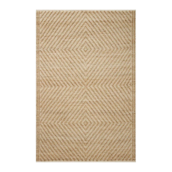 Beige area rug with geometric pattern on a white background