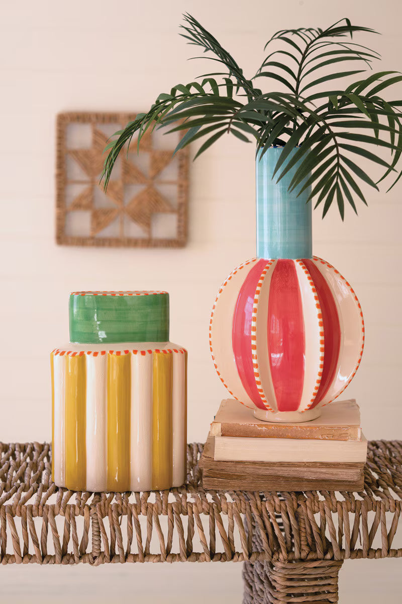 Ceramic Multi-Colored Vase with Green Neck