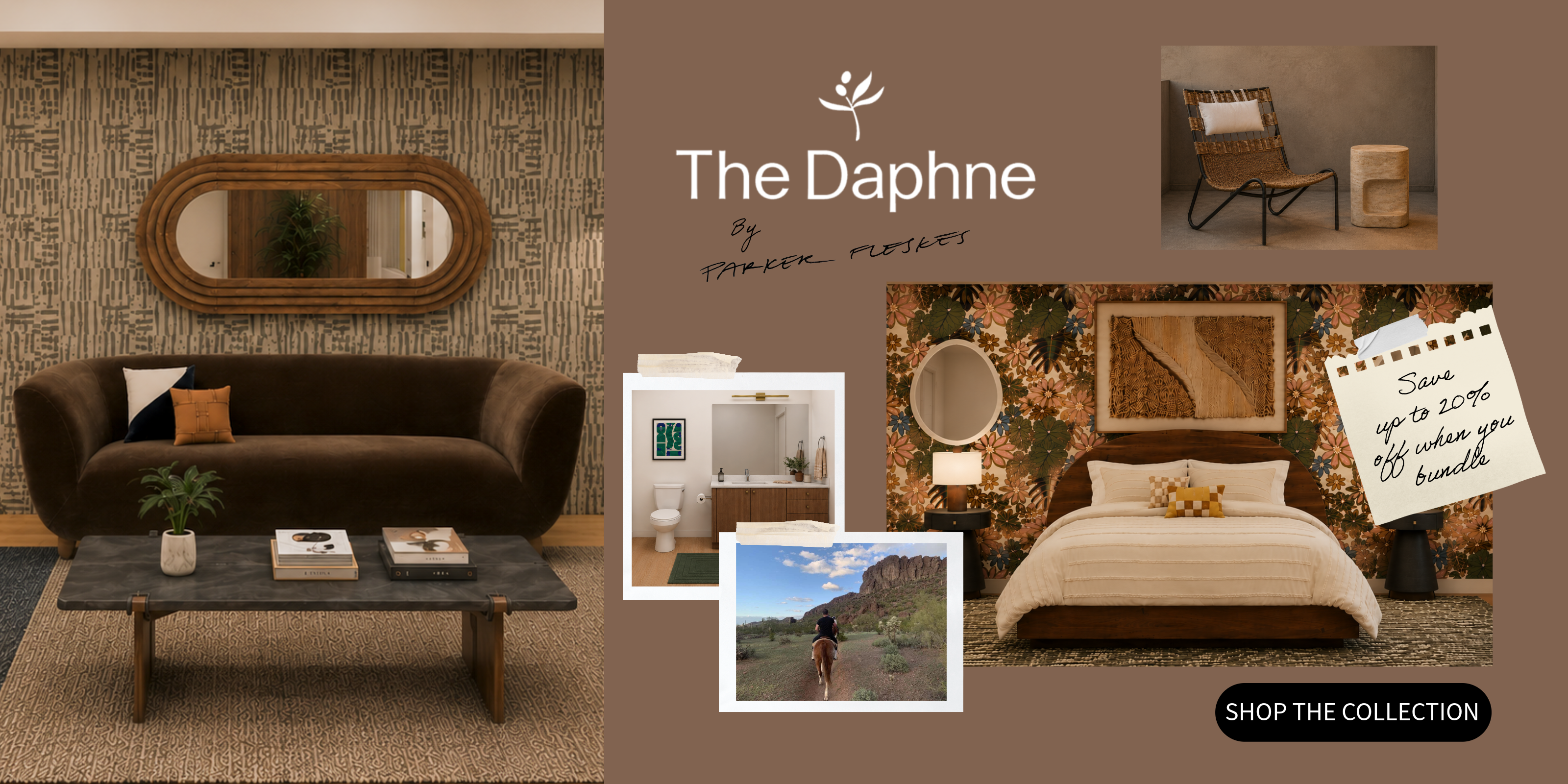 Collage of interior design elements with 'The Daphne' brand name.